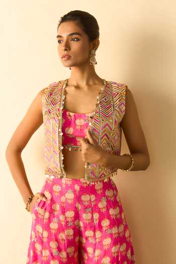 Buy_Gopi Vaid_Pink Viscose Open , Square Eira Embroidered Crop Jacket And Palazzo Set _Online_at_Aza_Fashions