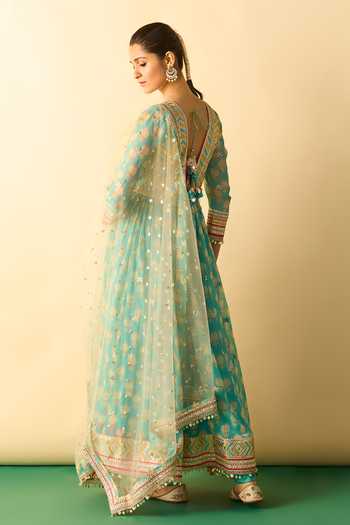 Shop_Gopi Vaid_Aqua Georgette, Lycra, Net V-neck Akira Print And Embroidered Anarkali Set _at_Aza_Fashions