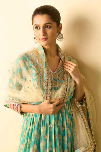 Gopi Vaid_Aqua Georgette, Lycra, Net V-neck Akira Print And Embroidered Anarkali Set _Online_at_Aza_Fashions