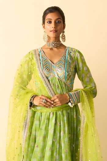 Gopi Vaid_Green Georgette, Lycra, Net V-neck Akira Print And Embroidered Yoke Anarkali Set _Online_at_Aza_Fashions