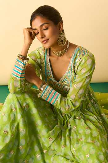 Shop_Gopi Vaid_Green Georgette, Lycra, Net V-neck Akira Print And Embroidered Yoke Anarkali Set _at_Aza_Fashions