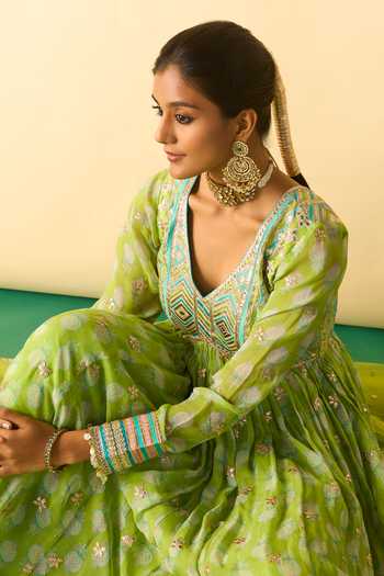 Buy_Gopi Vaid_Green Georgette, Lycra, Net V-neck Akira Print And Embroidered Yoke Anarkali Set _Online_at_Aza_Fashions