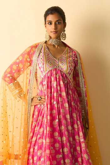 Shop_Gopi Vaid_Pink Georgette, Net, Lycra V-neck Akira Embroidered Yoke And Printed Anarkali Set _at_Aza_Fashions