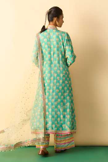 Shop_Gopi Vaid_Aqua Viscose, Satin, Linen, Net Binita Printed Front Slit Jacket Kurta Set _at_Aza_Fashions
