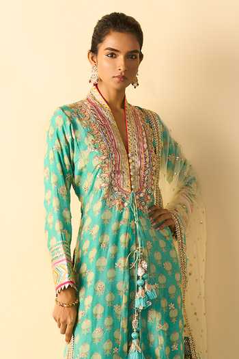 Gopi Vaid_Aqua Viscose, Satin, Linen, Net Binita Printed Front Slit Jacket Kurta Set _Online_at_Aza_Fashions