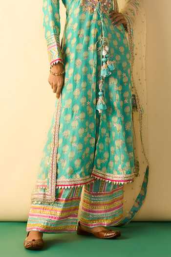 Buy_Gopi Vaid_Aqua Viscose, Satin, Linen, Net Binita Printed Front Slit Jacket Kurta Set _Online_at_Aza_Fashions