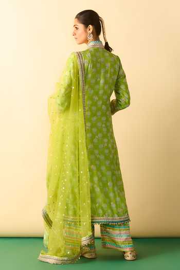 Shop_Gopi Vaid_Green Viscose, Satin, Linen, Net Binita Floral Print Front Slit Jacket Kurta Set _at_Aza_Fashions
