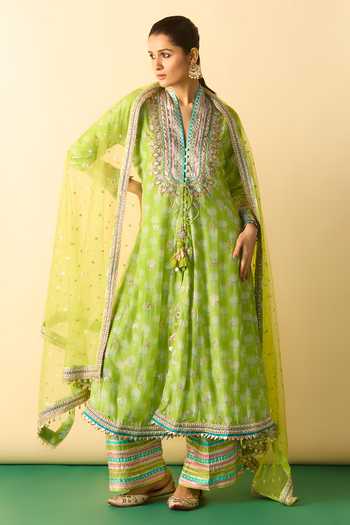Buy_Gopi Vaid_Green Viscose, Satin, Linen, Net Binita Floral Print Front Slit Jacket Kurta Set _at_Aza_Fashions