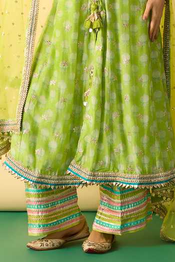 Buy_Gopi Vaid_Green Viscose, Satin, Linen, Net Binita Floral Print Front Slit Jacket Kurta Set _Online_at_Aza_Fashions