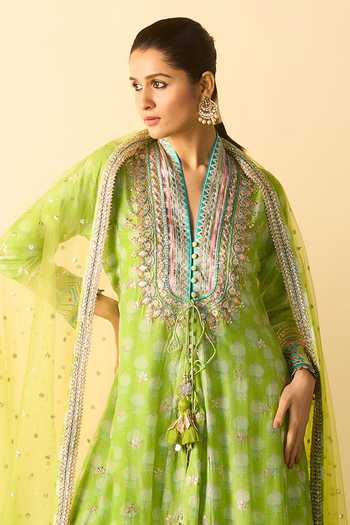 Shop_Gopi Vaid_Green Viscose, Satin, Linen, Net Binita Floral Print Front Slit Jacket Kurta Set _Online_at_Aza_Fashions