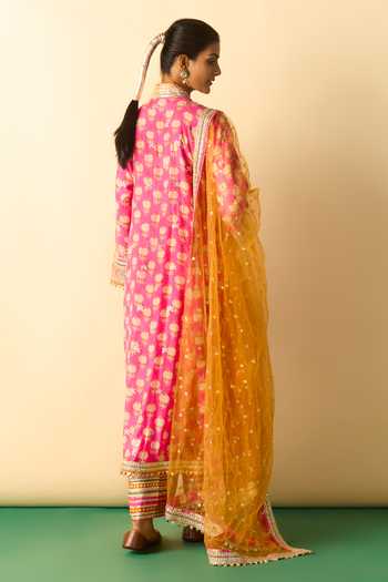 Shop_Gopi Vaid_Pink Net, Linen, Viscose, Binita Printed Pattern Front Slit Jacket Kurta Set _at_Aza_Fashions