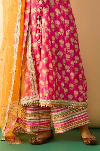 Gopi Vaid_Pink Net, Linen, Viscose, Binita Printed Pattern Front Slit Jacket Kurta Set _Online_at_Aza_Fashions