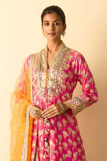 Buy_Gopi Vaid_Pink Net, Linen, Viscose, Binita Printed Pattern Front Slit Jacket Kurta Set _Online_at_Aza_Fashions