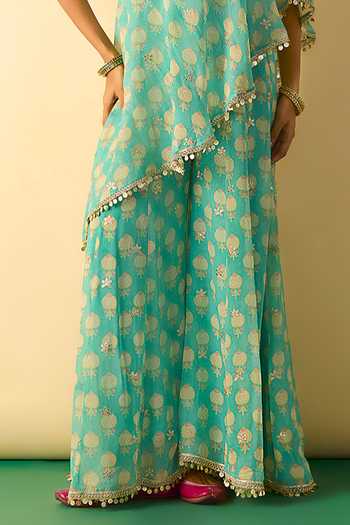 Gopi Vaid_Aqua Georgette One Shoulder Chhavi Print Tunic And Sharara Set _Online_at_Aza_Fashions