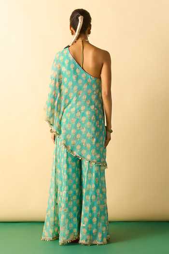 Shop_Gopi Vaid_Aqua Georgette One Shoulder Chhavi Print Tunic And Sharara Set _at_Aza_Fashions