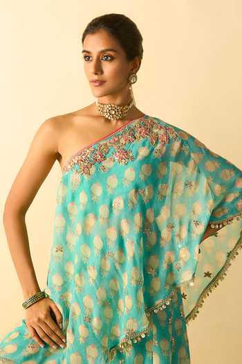 Buy_Gopi Vaid_Aqua Georgette One Shoulder Chhavi Print Tunic And Sharara Set _Online_at_Aza_Fashions