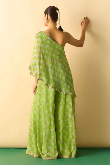Shop_Gopi Vaid_Green Georgette One Shoulder Chhavi Print Tunic And Sharara Set _at_Aza_Fashions