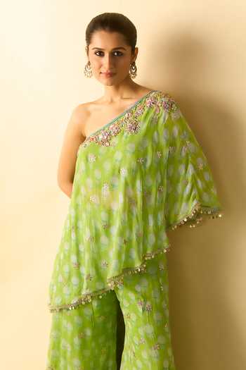 Gopi Vaid_Green Georgette One Shoulder Chhavi Print Tunic And Sharara Set _Online_at_Aza_Fashions