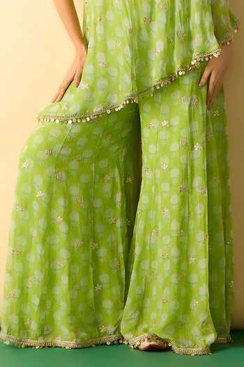 Buy_Gopi Vaid_Green Georgette One Shoulder Chhavi Print Tunic And Sharara Set _Online_at_Aza_Fashions