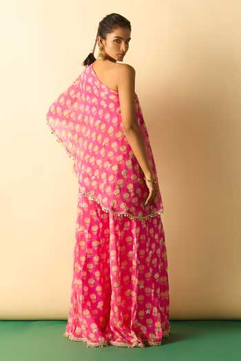 Shop_Gopi Vaid_Pink Georgette One Shoulder Chhavi Print Kurta And Sharara Set _at_Aza_Fashions