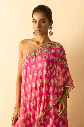 Gopi Vaid_Pink Georgette One Shoulder Chhavi Print Kurta And Sharara Set _Online_at_Aza_Fashions
