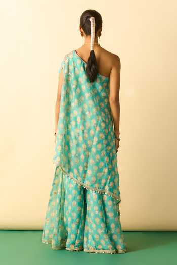 Shop_Gopi Vaid_Blue Georgette One Shoulder, Yes Dia Tunic And Sharara Set _at_Aza_Fashions