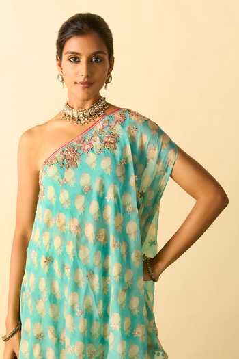Gopi Vaid_Blue Georgette One Shoulder, Yes Dia Tunic And Sharara Set _Online_at_Aza_Fashions
