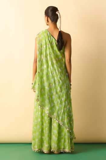 Shop_Gopi Vaid_Green Georgette One Shoulder Dia Print Tunic And Sharara Set _at_Aza_Fashions