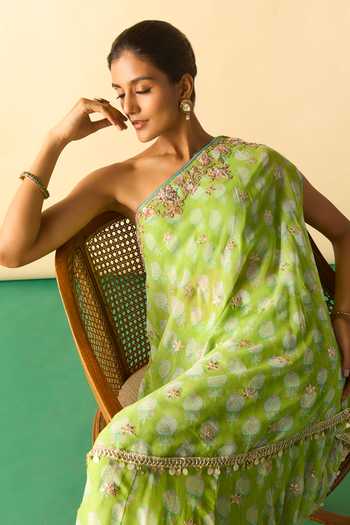 Gopi Vaid_Green Georgette One Shoulder Dia Print Tunic And Sharara Set _Online_at_Aza_Fashions