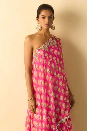 Gopi Vaid_Pink Georgette One Shoulder Dia Tunic And Flared Sharara Set _Online_at_Aza_Fashions