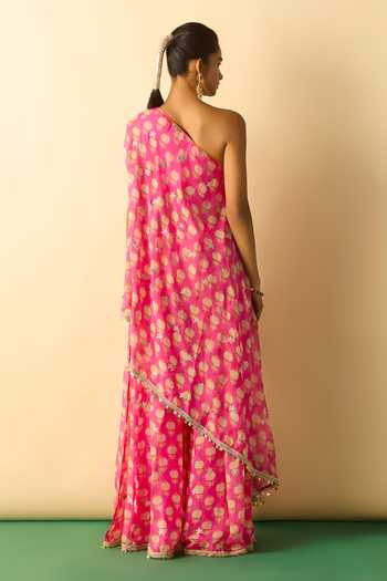 Shop_Gopi Vaid_Pink Georgette One Shoulder Dia Tunic And Flared Sharara Set _at_Aza_Fashions