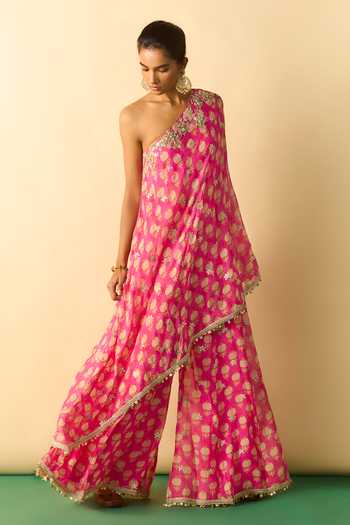 Buy_Gopi Vaid_Pink Georgette One Shoulder Dia Tunic And Flared Sharara Set _Online_at_Aza_Fashions
