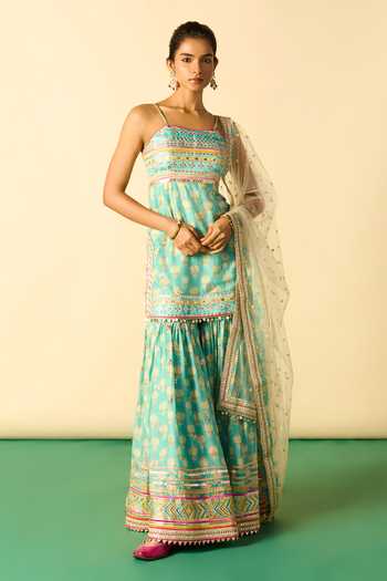Buy_Gopi Vaid_Aqua Viscose, Net Square Neck Dhriaa Strappy Short Kurta Sharara Set _at_Aza_Fashions