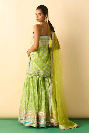 Shop_Gopi Vaid_Lime Viscose, Net Scoop Neck Dhriaa Print Strappy Kurta Sharara Set _at_Aza_Fashions