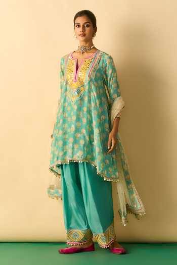 Buy_Gopi Vaid_Aqua Viscose, Tussar V-neck, Yes Anvi Print Kurta Farshi Salwar Set _at_Aza_Fashions
