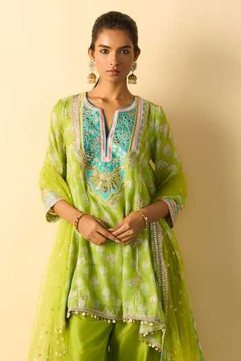 Shop_Gopi Vaid_Lime Viscose, Tussar Split V-neck, Anvi Print Asymmetric Kurta Farshi Salwar Set _at_Aza_Fashions