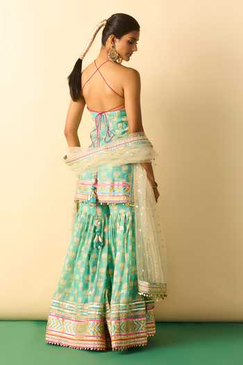 Shop_Gopi Vaid_Aqua Viscose, Net Halter Neck, Yes Dwisha Print Kurta Sharara Set _at_Aza_Fashions