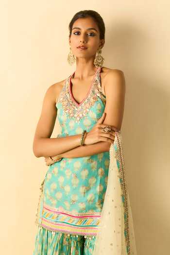 Gopi Vaid_Aqua Viscose, Net Halter Neck, Yes Dwisha Print Kurta Sharara Set _Online_at_Aza_Fashions