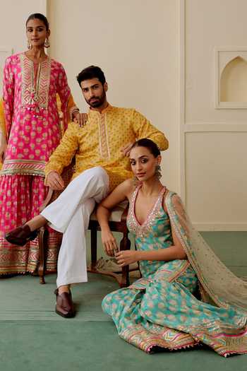 Buy_Gopi Vaid_Aqua Viscose, Net Halter Neck, Yes Dwisha Print Kurta Sharara Set _Online_at_Aza_Fashions