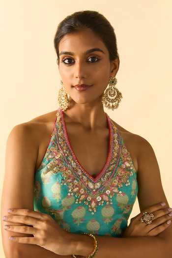 Shop_Gopi Vaid_Aqua Viscose, Net Halter Neck, Yes Dwisha Print Kurta Sharara Set _Online_at_Aza_Fashions