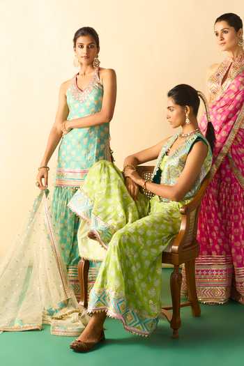 Gopi Vaid_Aqua Viscose, Net Halter Neck, Yes Dwisha Print Kurta Sharara Set _at_Aza_Fashions