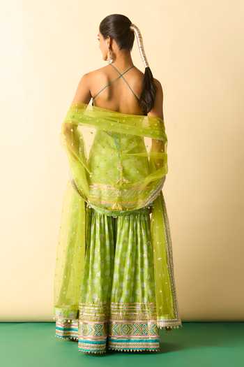 Shop_Gopi Vaid_Green Viscose, Net Halter Neck, Yes Dwisha Print Short Kurta Sharara Set _at_Aza_Fashions