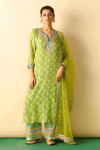 Buy_Gopi Vaid_Lime Viscose, Satin, Linen, Net Scoop Neck Dwiti Butti Print Kurta Palazzo Set _at_Aza_Fashions