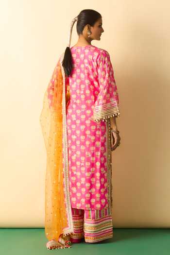Shop_Gopi Vaid_Pink Viscose, Satin, Linen, Net Dwiti Butti Print Straight Kurta Palazzo Set _at_Aza_Fashions
