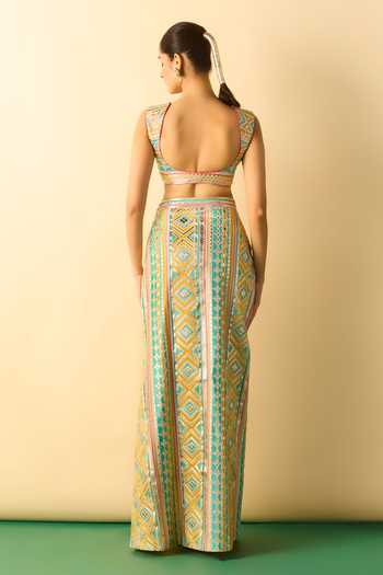 Shop_Gopi Vaid_Aqua Square Neck Kashvi Embroidered Blouse And Slit Skirt Set _at_Aza_Fashions