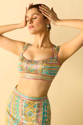 Buy_Gopi Vaid_Aqua Square Neck Kashvi Embroidered Blouse And Slit Skirt Set _Online_at_Aza_Fashions