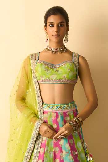 Gopi Vaid_Pink Viscose, Net Sweetheart Neck Shyama Multi Panelled Printed Lehenga Set _Online_at_Aza_Fashions