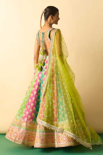 Shop_Gopi Vaid_Pink Viscose, Net Sweetheart Neck Shyama Multi Panelled Printed Lehenga Set _at_Aza_Fashions