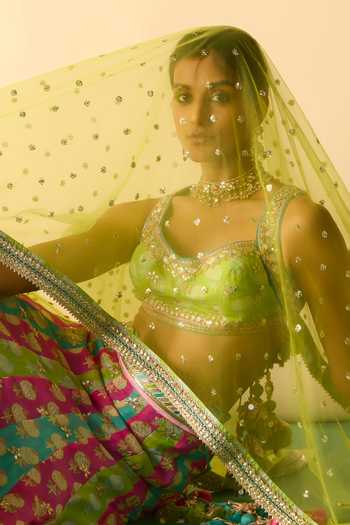 Shop_Gopi Vaid_Pink Viscose, Net Sweetheart Neck Shyama Multi Panelled Printed Lehenga Set _Online_at_Aza_Fashions