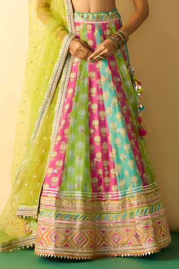 Gopi Vaid_Pink Viscose, Net Sweetheart Neck Shyama Multi Panelled Printed Lehenga Set _at_Aza_Fashions